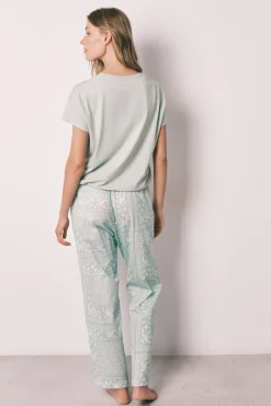 Pijama comprido de manga curta em algodão estampado bandana verde