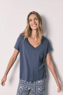 Pijama comprido de manga curta em algodão estampado bandana azul