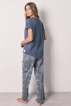 Pijama comprido de manga curta em algodão estampado bandana azul