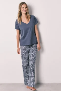 Pijama comprido de manga curta em algodão estampado bandana azul