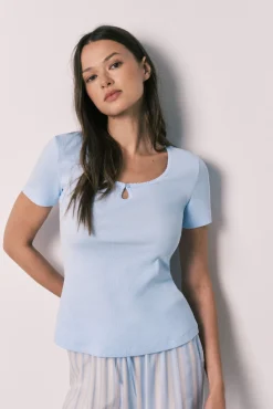 Pijama comprido de manga curta em algodão e viscose azul