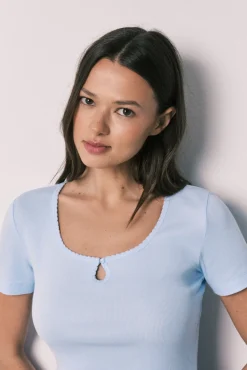 Pijama comprido de manga curta em algodão e viscose azul