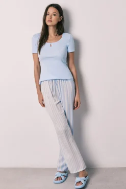 Pijama comprido de manga curta em algodão e viscose azul