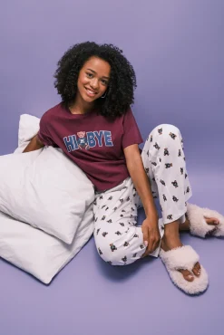 Pijama comprido em algodão com ursinho grená