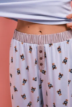 Pijama comprido em algodão com ursinho azul