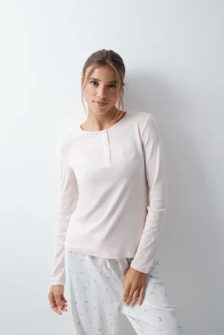 Pijama comprido em algodão com estampado de flores rosa claro