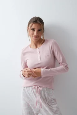 Pijama comprido em algodão estampado floral rosa
