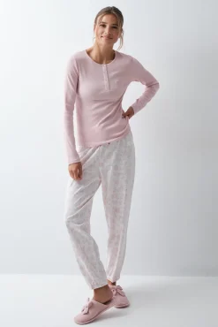 Pijama comprido em algodão estampado floral rosa