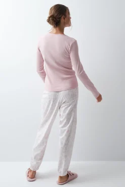 Pijama comprido em algodão estampado floral rosa