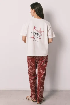 Pijama comprido em algodão Stitch estampado palmeiras