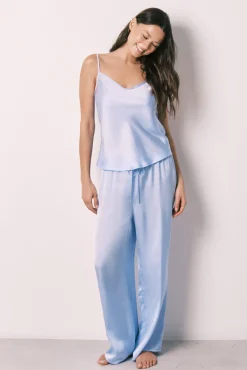 Pijama comprido em cetim azul