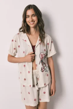Pijama curto camiseiro de riscas Snoopy