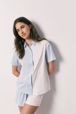 Pijama curto camiseiro em algodão com nó