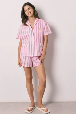 Pijama curto camiseiro em algodão SmileyWorld® riscas rosa