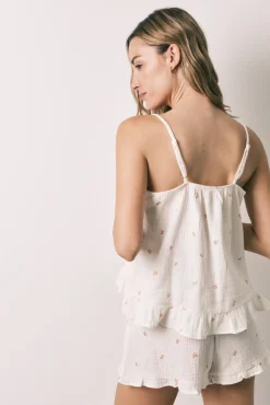 Pijama curto de alças em algodão com folhos