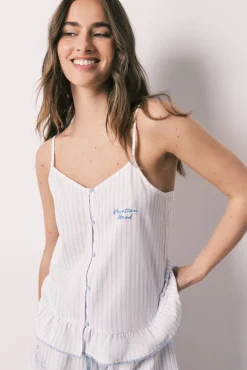 Pijama curto de alças em algodão com folho azul