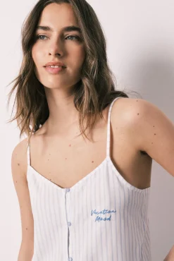 Pijama curto de alças em algodão com folho azul