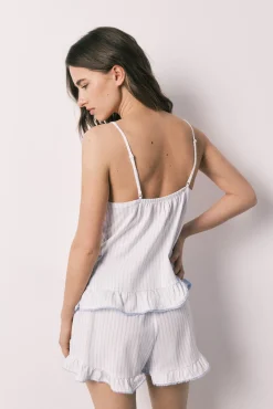 Pijama curto de alças em algodão com folho azul