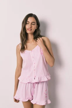 Pijama curto de alças em algodão SmileyWorld® às riscas com folhos