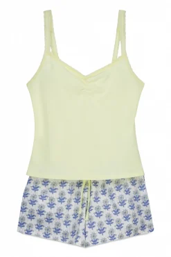 Pijama curto de alças em algodão amarelo