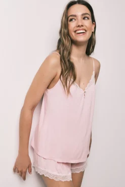 Pijama curto de alças em viscose e renda rosa