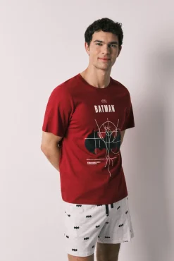 Pijama curto de homem em algodão Batman vermelho