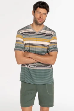Pijama curto de riscas em 100% algodão