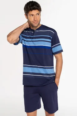 Pijama curto de riscas em 100% algodão