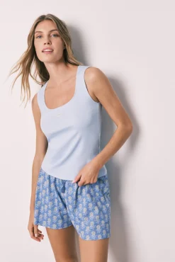 Pijama curto em algodão azul decote quadrado