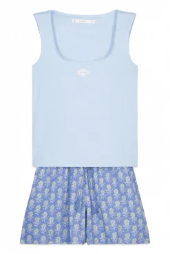 Pijama curto em algodão azul decote quadrado