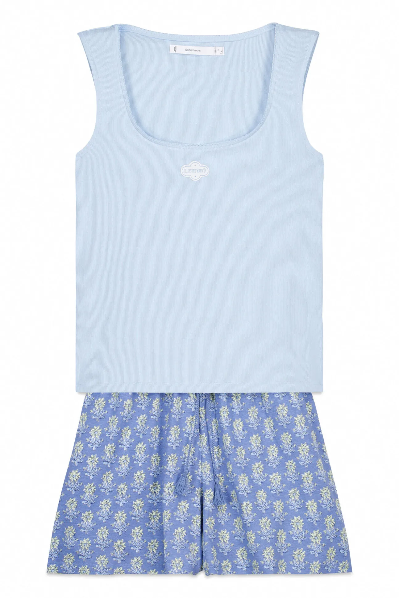 Pijama curto em algodão azul decote quadrado