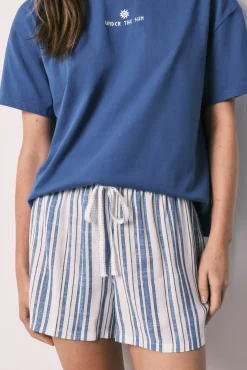 Pijama curto em algodão e viscose às riscas azul