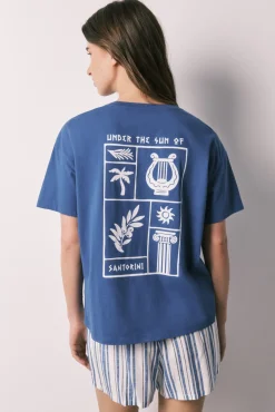 Pijama curto em algodão e viscose às riscas azul