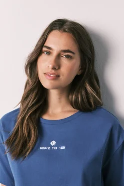 Pijama curto em algodão e viscose às riscas azul