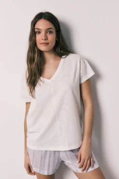 Pijama curto em algodão e viscose às riscas