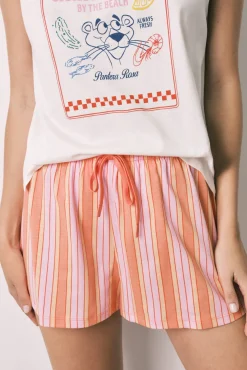 Pijama curto em algodão Pantera Cor-de-Rosa riscas