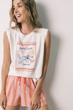 Pijama curto em algodão Pantera Cor-de-Rosa riscas