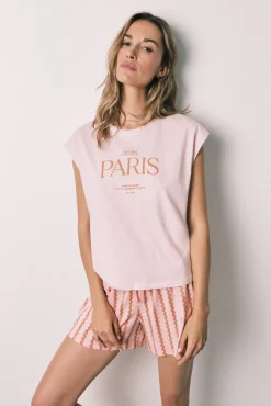 Pijama curto em algodão rosa com ondas