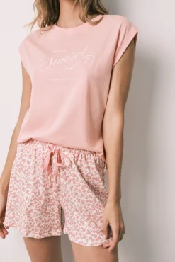 Pijama curto em algodão rosa miniflor