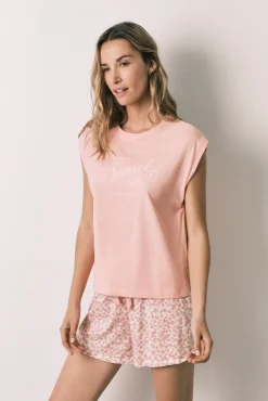 Pijama curto em algodão rosa miniflor