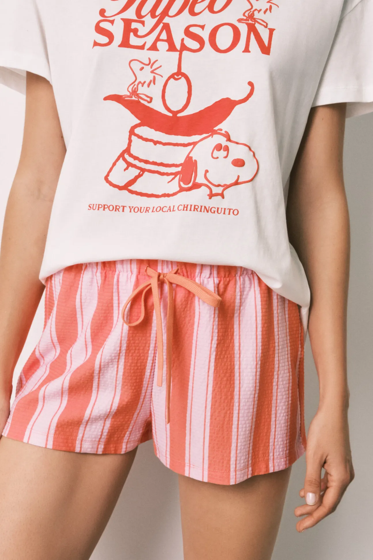 Pijama curto em algodão Snoopy riscas