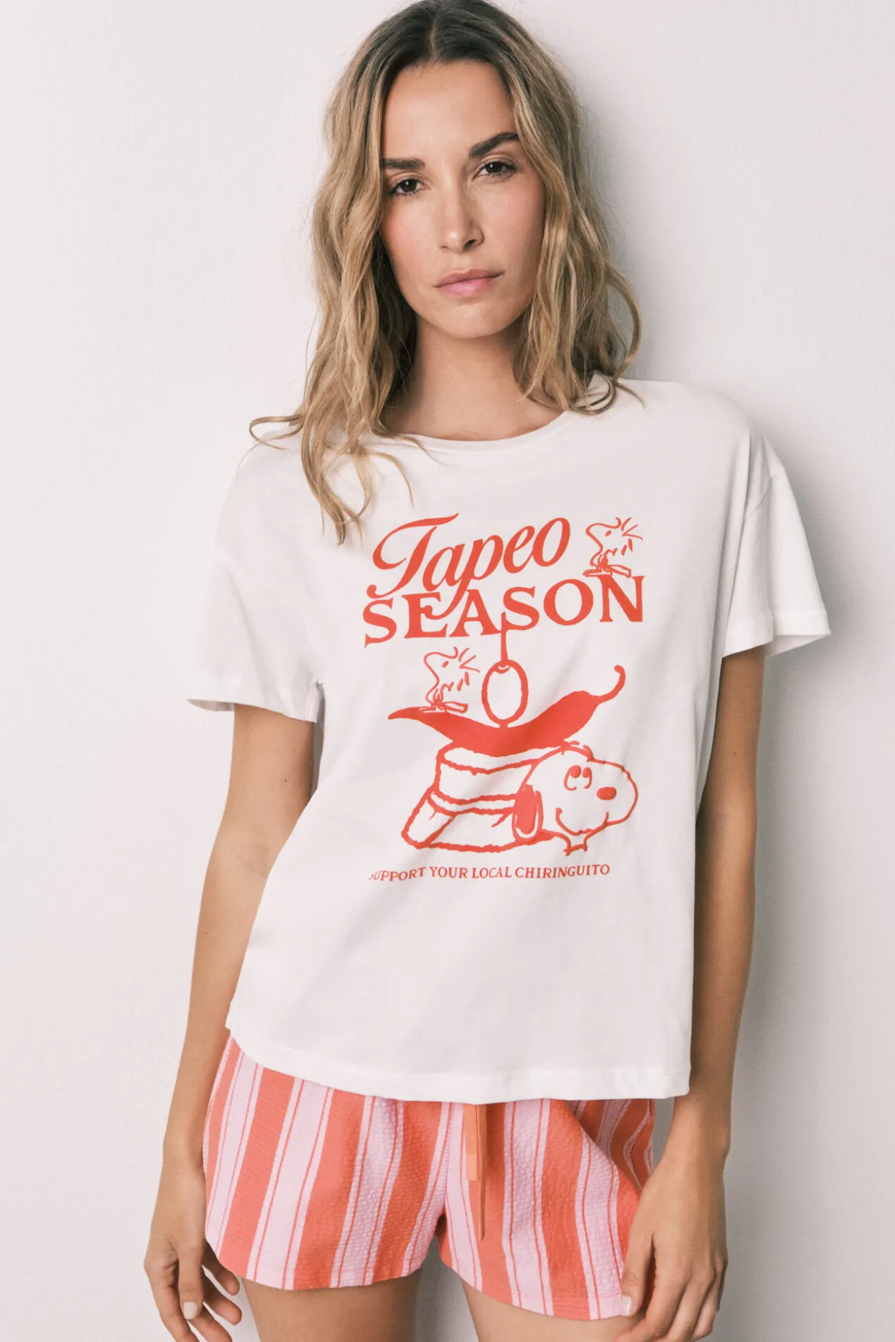 Pijama curto em algodão Snoopy riscas