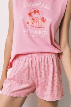Pijama curto em algodão Snoopy rosa