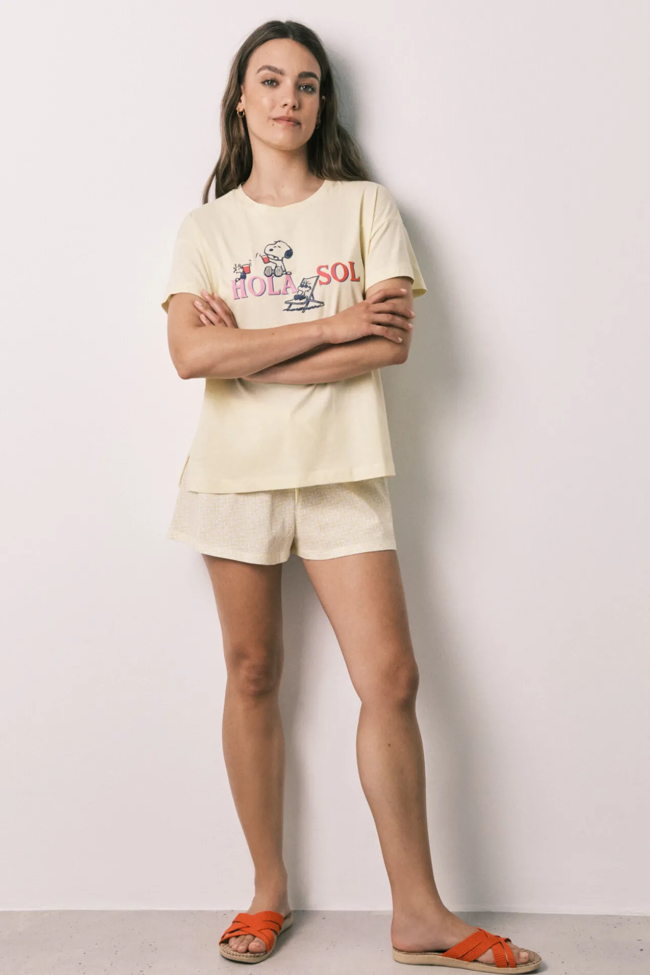 Pijama curto em algodão Snoopy amarelo