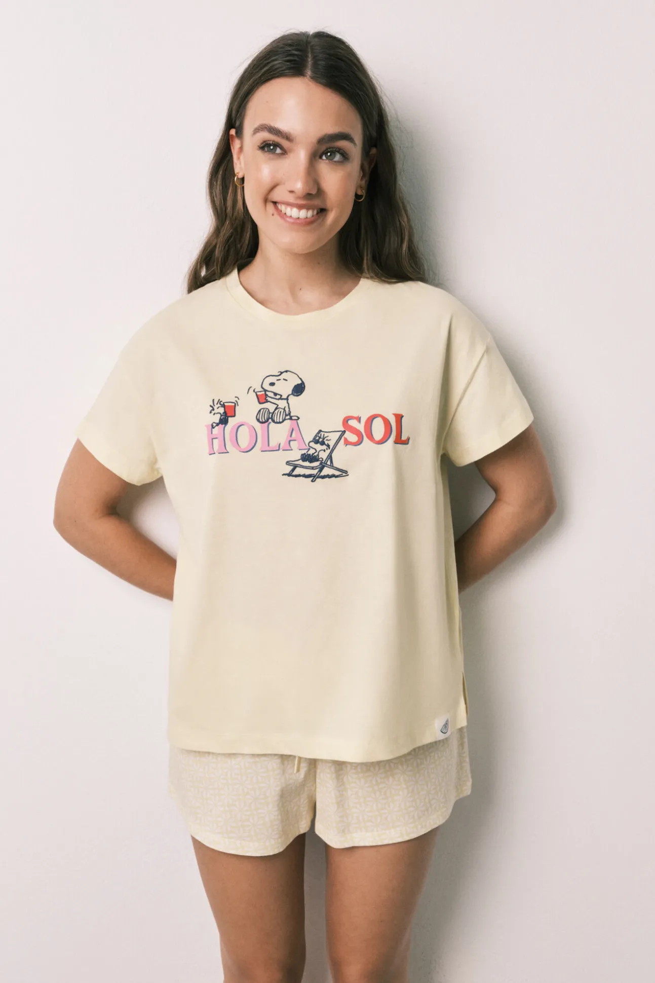 Pijama curto em algodão Snoopy amarelo