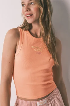 Pijama curto em algodão às riscas laranja