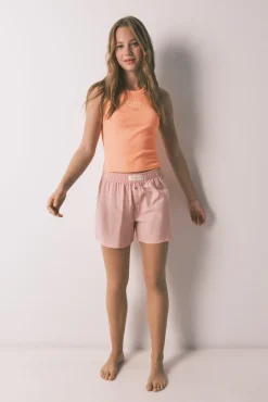Pijama curto em algodão às riscas laranja