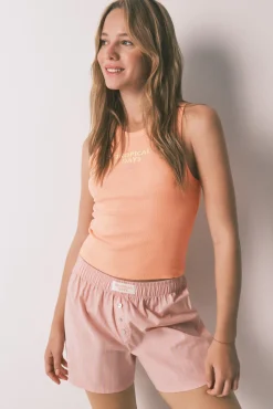 Pijama curto em algodão às riscas laranja