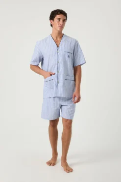 Pijama curto em popelina de riscas com debrum azul-marinho