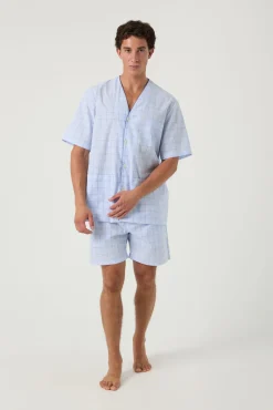 Pijama curto em popelina de xadrez com debrum azul jeans